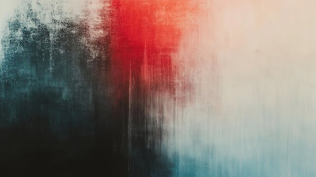 Grainy textured abstract backdrop with smooth color gradients, blurred elongated red shape at upper‑middle transitioning to dark grey right and light blue top‑left, diffused white‑cream lower‑left