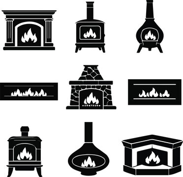 Generated on Set of fireplaces silhouettes. Vector illustration. Icons of different fireplaces vector art on white background