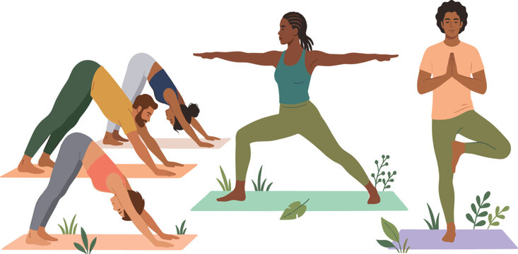 Diverse people practicing yoga vector set with downward dog warrior and tree poses in studio