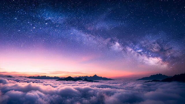 milkyway over mountains above sea of clouds at dawn