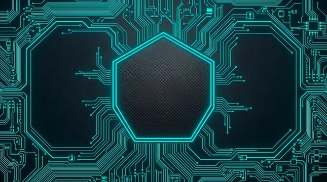 Cyan glowing circuit board pattern with a central pentagonal frame on a dark background for technology and digital data concepts in a horizontal layout.
