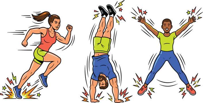 Dynamic pop art sports vector set with sprinting woman man doing handstand and jumping jacks