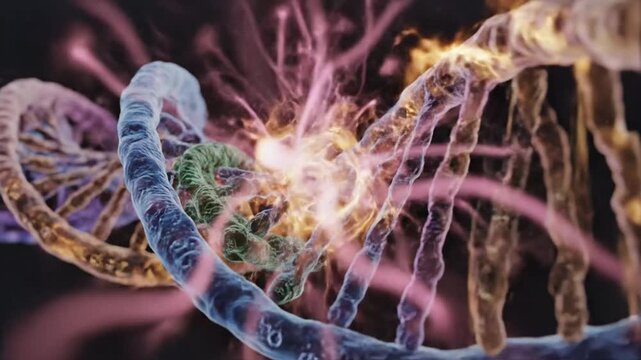 DNA double helix with glowing virus like structure mutating and pulsing.