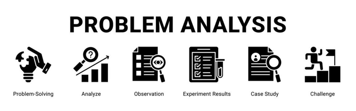 Problem Analysis web banner icon concept,  with Problem-Solving, Analyze, Observation, Experiment Results, Case Study, Challen.