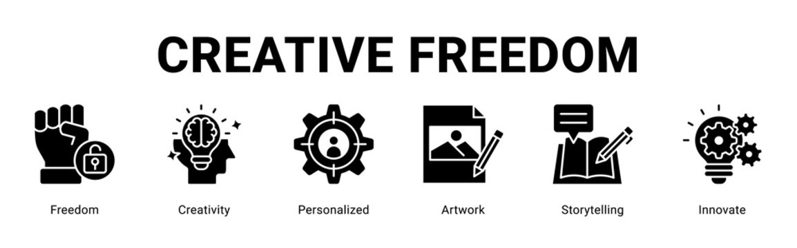 Creative Freedom web banner icon concept,  with Freedom, Creativity, Personalized, Artwork, Storytelling, Innovat.