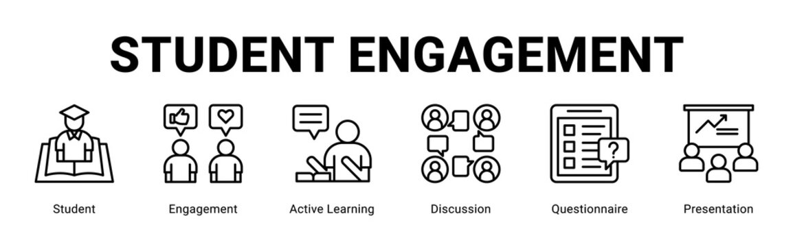 Student Engagement web banner icon concept,  with Student, Engagement, Active Learning, Discussion, Questionnaire, Present.