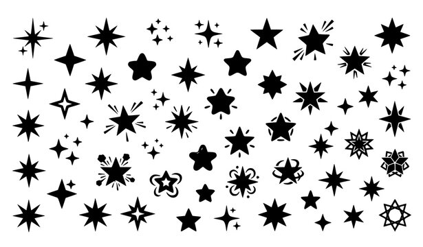 Minimal black star sparkle symbols and celestial icon vector set