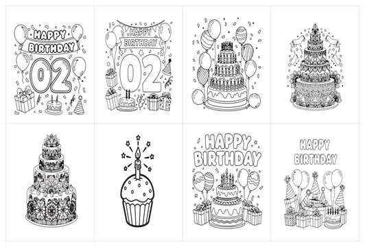 Second birthday anniversary coloring sheet set including tiered cakes cupcakes presents and number two balloons for children party activity vector.