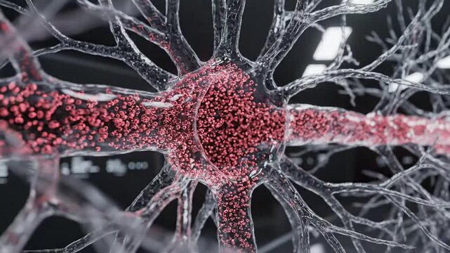 Microscopic 3D animation of red blood cells flowing through a network of transparent capillaries and branching vessels.