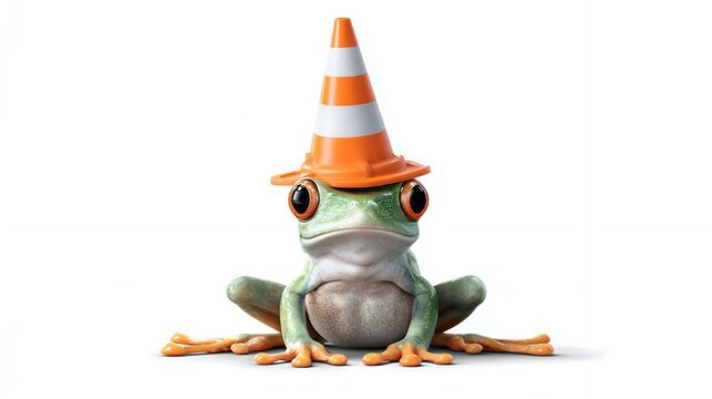 Playful Frog with Traffic Cone Headwear in Studio.