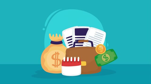 Business and finance motion graphics animation with money bag and briefcase full of documents and bills.