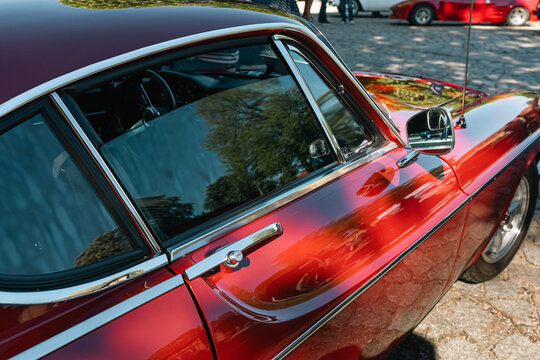 Berlin, Germany - May 2, 2026. Volvo P1800 side detail at Oldtimer Open Air