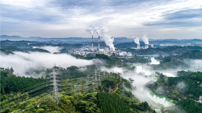Drone view of forest landscape with mist valleys power lines and industrial smokestacks near lake reservoir. Cloudy mountains and dense green woodland create dramatic scenery