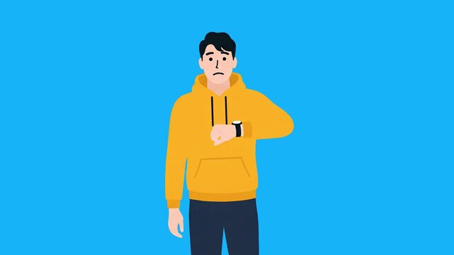 A high-quality 2D animated sequence of an anxious young man wearing a yellow hoodie, nervously checking his wristwatch. This relatable character is perfect for time-management presentations, stress-aw