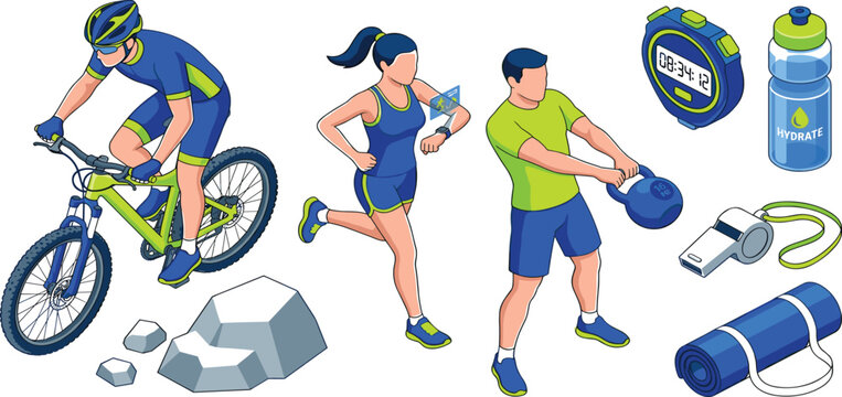 Isometric fitness workout vector set with mountain biking running kettlebell swing and training equipment elements