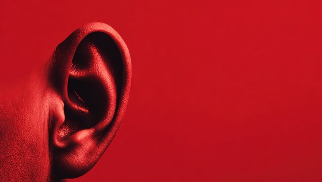 Close up of a human ear illuminated by red light against a red background.