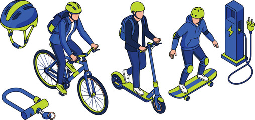 Isometric green micro mobility vector set with bicycle electric scooter skateboard helmet and charging station © MST HASMOTARA