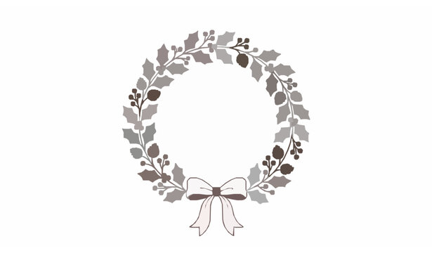Minimalist Christmas wreath line art vector with holly berries pine cones and ribbon bow on white background