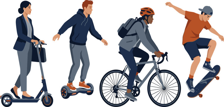 Urban eco friendly micro mobility vector characters riding electric scooter hoverboard bicycle and skateboard