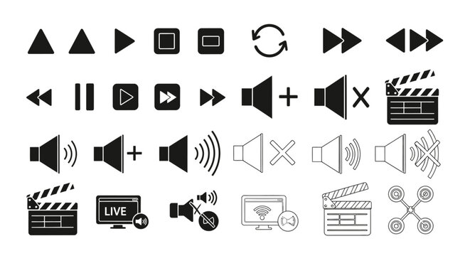 Black video editing media icons set.