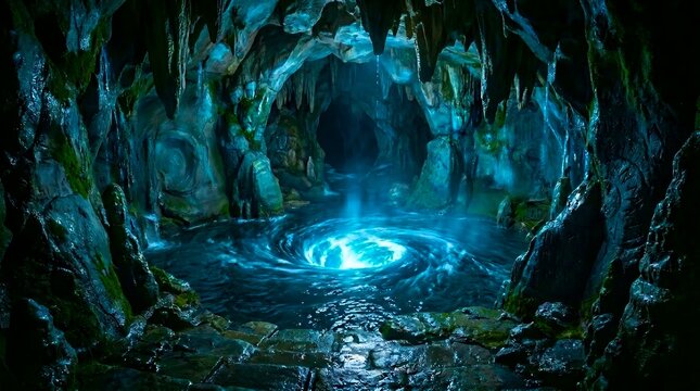 Glowing blue whirlpool in a dark cavern with stalactites and mossy rock formations in a subterranean landscape.
