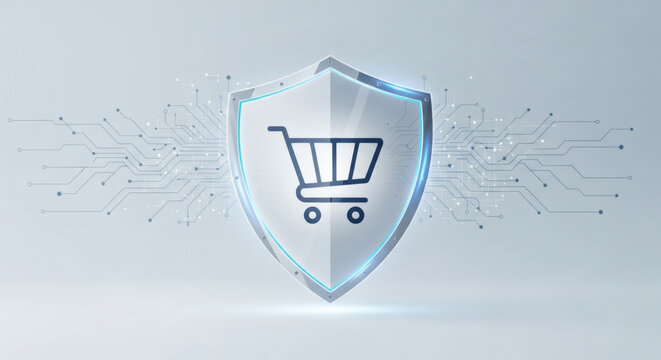 E-commerce transaction security concept with a protective shield and shopping cart icon, representing safe online purchasing and data privacy in a digital marketplace