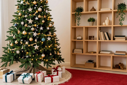 Cozy room with a decorated Christmas tree. Festive lights, stars, and ornaments adorn the tree.