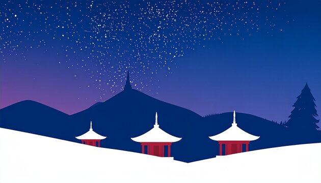 Traditional pagodas on snowy mountain under starry night sky