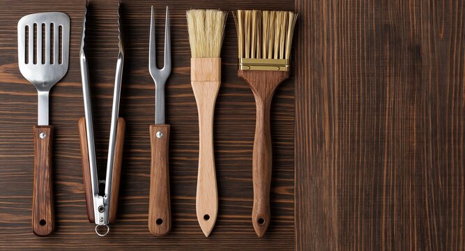 Collection of barbecue tools including spatula, tongs, fork, and basting brushes arranged on rustic wooden background.