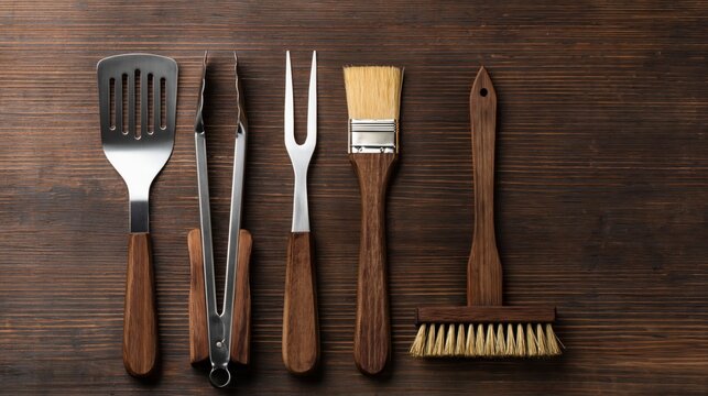 Flat lay of various barbecue tools including spatula, tongs, fork, and brush arranged on rustic wooden background.
