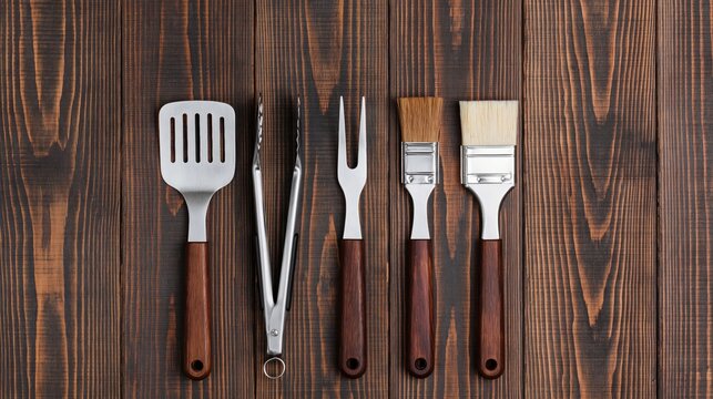 Set of essential barbecue grilling tools, including spatula, tongs, fork, and basting brushes, laid out neatly on textured wooden background.