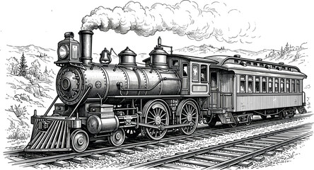 Vintage Steam Locomotive Train Engraving Illustration with Classic Railway Transportation Design, Historical Engine Artwork, and Retro Industrial Travel Concept © MSTNURAJA