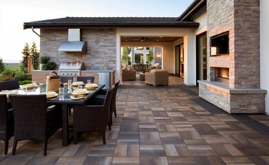Obraz premium Outdoor patio with kitchen, dining area, and fireplace