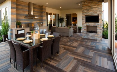 Obraz premium Outdoor patio with kitchen, dining, and fireplace