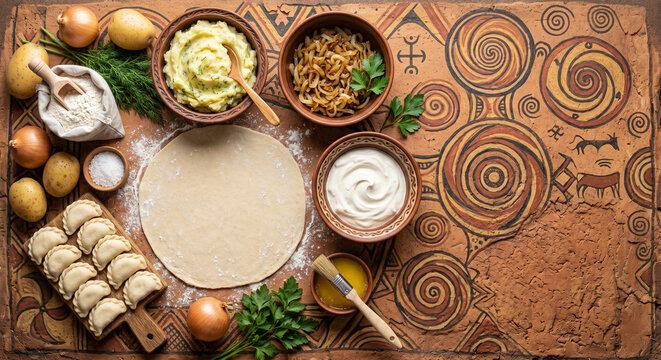 Overhead flat lay of Varenyky ingredients on ancient Trypillian pottery