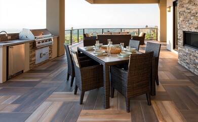 Obraz premium Outdoor kitchen and dining area on luxury balcony