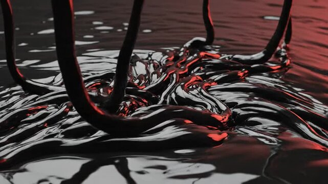 Abstract 3D animation of black tentacles rising from dark reflective liquid with red lighting.