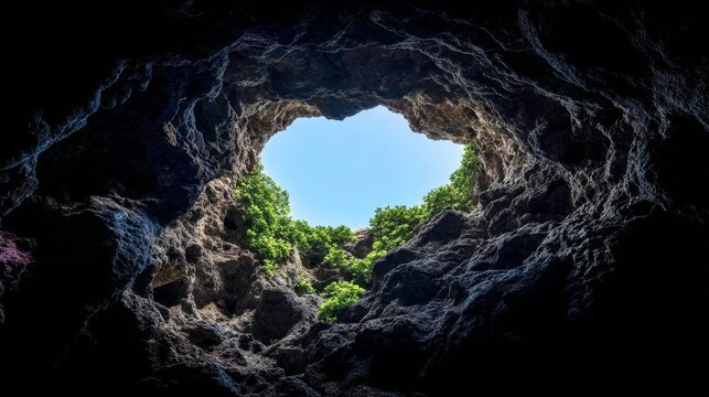 Dark rocky cave interior with oval opening to blue sky and green leaves. Rugged stone formations illuminated by dramatic natural light and colorful textured shadows