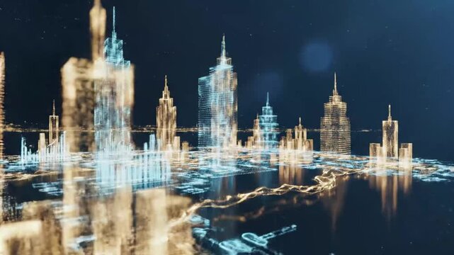Futuristic digital hologram of a modern city skyline at night with glowing data points.