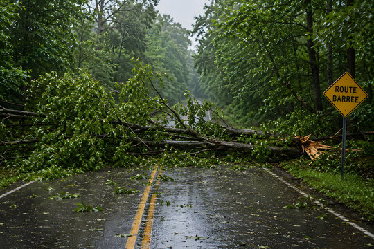 Storm damaged road, fallen tree blocking wet forest highway, dangerous road obstruction after severe weather, fallen branches across roadway, rainy woodland landscape, route warning sign, natural disa