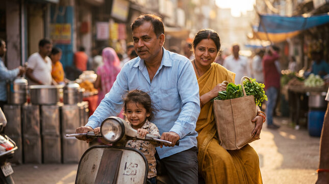 Indian family riding vintage scooter through busy urban market street in Old Delhi with mother in traditional sari carrying fresh vegetables