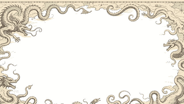 Vintage Engraved Antique Nautical Map Border Frame Featuring Medieval Style Sea Dragons and Sea Serpents, With Blank Central Copy Space