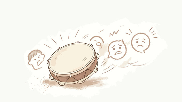 Soft Sepia Minimalist Illustration of a Noisy Tambourine Surrounded by Distressed Worried Faces Conveying Annoyance at Unwanted Loud Sound