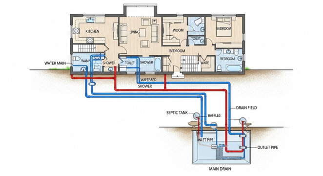 Detailed residential plumbing system diagram showing water supply and drainage.