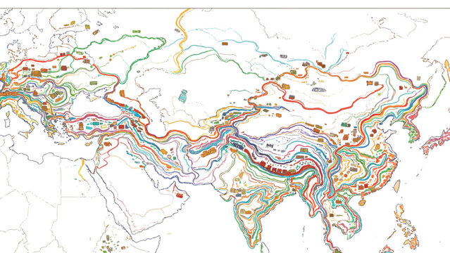Hand-Drawn Artistic Map of Eurasian Historic Migration and Trade Routes, Multicolor Braided Flow Lines Marking Ancient Pathways and Human Settlements