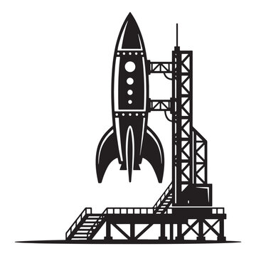 Rocket ship on launchpad silhouette with silhouette illustration futuristic transport technology structure background exploration universe adventure