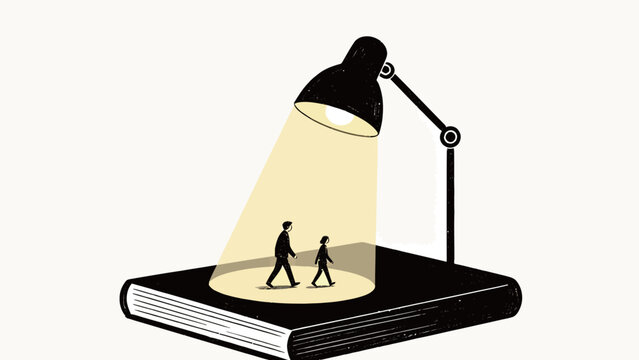 Minimalist Symbolic Conceptual Illustration: Desk Lamp Casting Warm Cone of Light on Thick Book, Two Tiny Silhouetted Figures Walking Forward in Illuminated Area