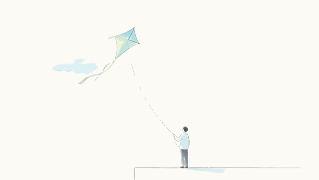 Minimalist Soft Watercolor Illustration of a Lone Man Standing on a Ledge Flying a Pastel Diamond Kite Above a Wispy Pale Blue Cloud in an Expansive Quiet Empty Sky
