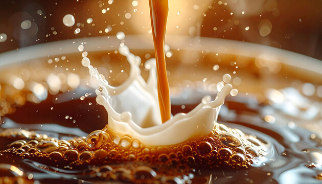 コーヒーにミルクが注がれる瞬間のスプラッシュマクロ