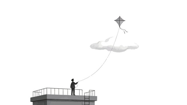 Minimalist Monochrome Illustration of a Lone Introspective Person Standing Atop a Rooftop Flying a Diamond Kite Past a Soft Cloud Against Empty Negative Space